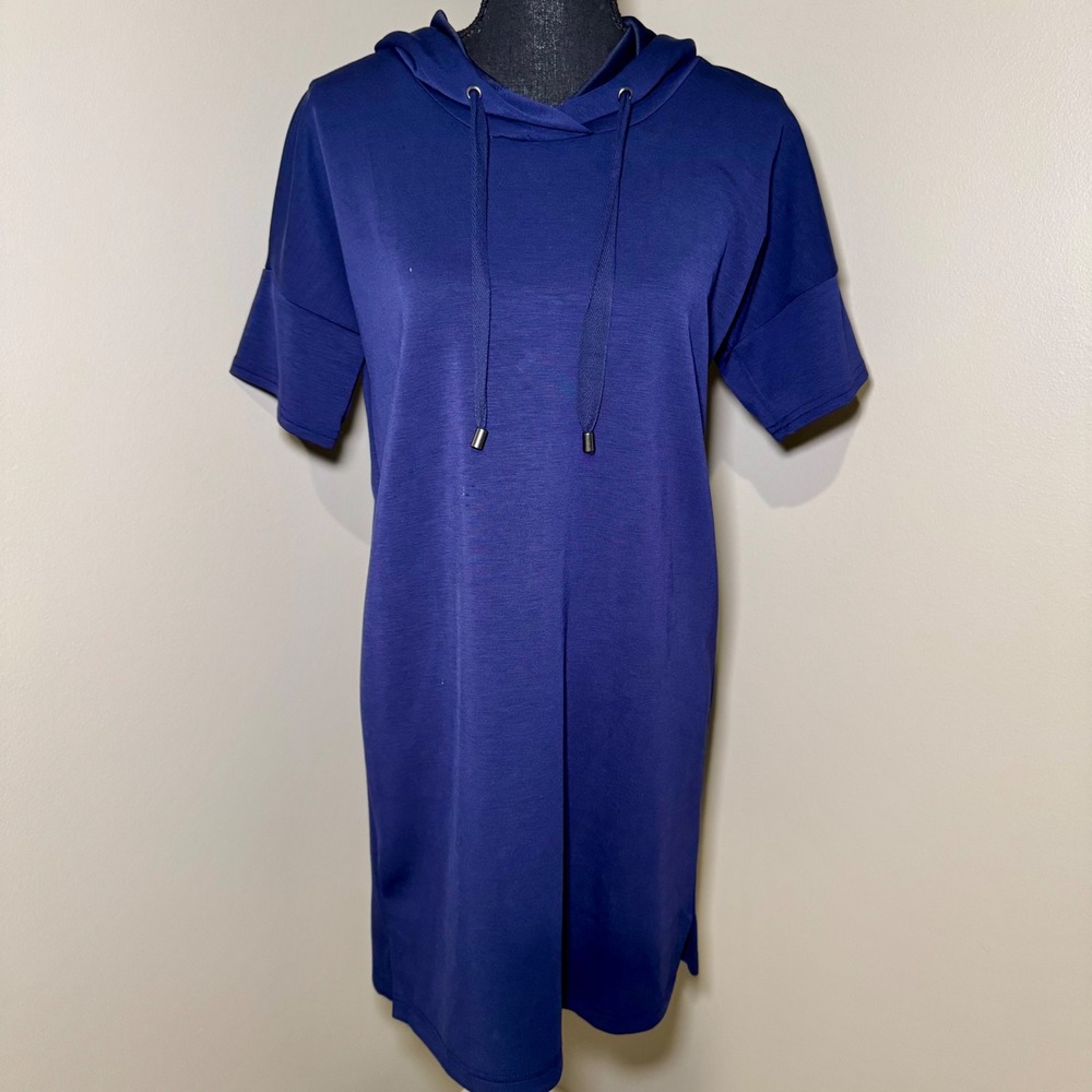 Cable‎ & Gauge Womens Navy Blue Short Sleeve Hooded Shift Dress Small Athleisure